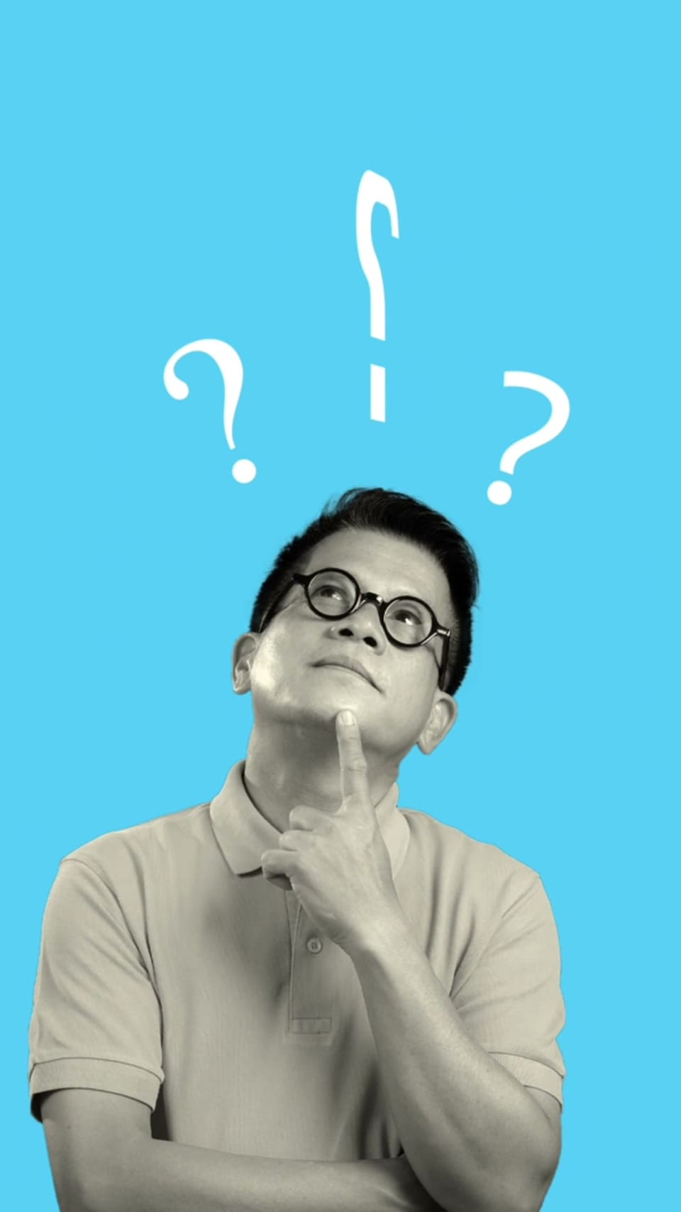 Monochrome cut-out of a man in a polo shirt and round glasses, hand to his chin, looking up at three white question marks on a bright cyan field.