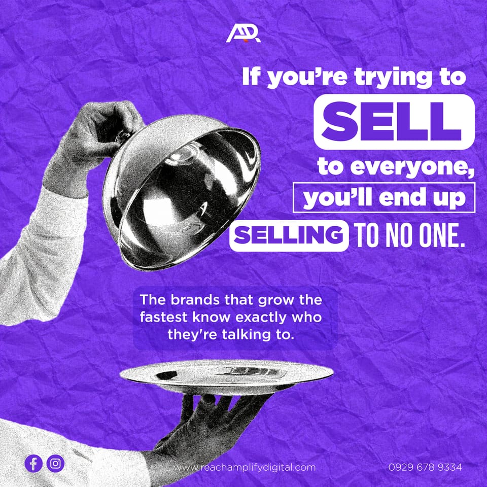 Purple poster with a hand lifting a silver serving cloche, headline “If you’re trying to SELL to everyone, you’ll end up SELLING TO NO ONE”, and the line “The brands that grow the fastest know exactly who they’re talking to”.