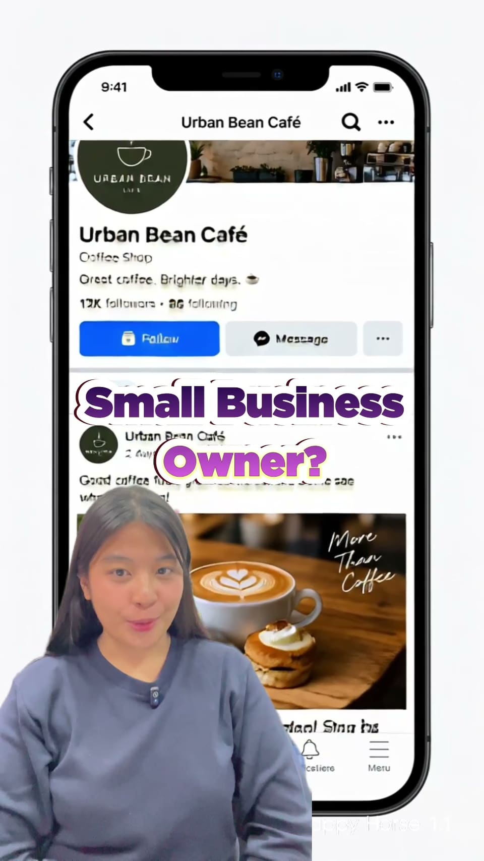 Video frame of a phone mockup showing a coffee shop’s social profile, a speaker beside it, and the headline “Small Business Owner?”.