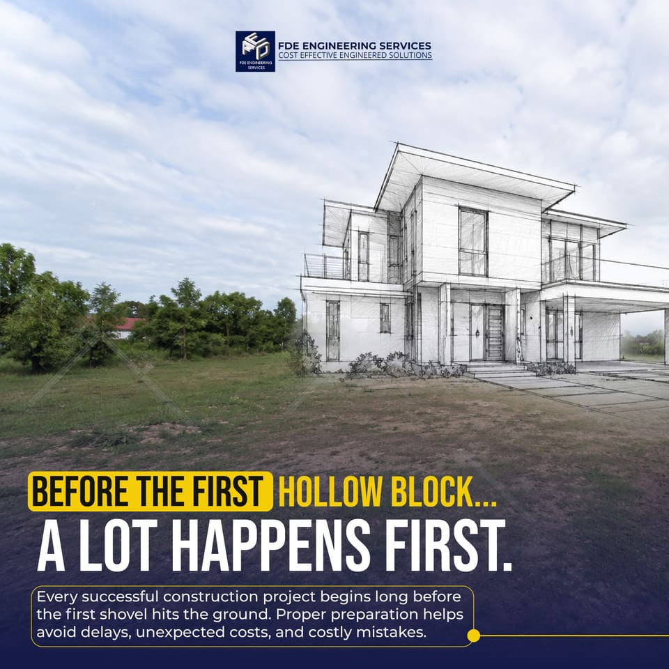 Architectural line drawing of a two-storey house overlaid on a photograph of an empty lot, headline “BEFORE THE FIRST HOLLOW BLOCK… A LOT HAPPENS FIRST”.
