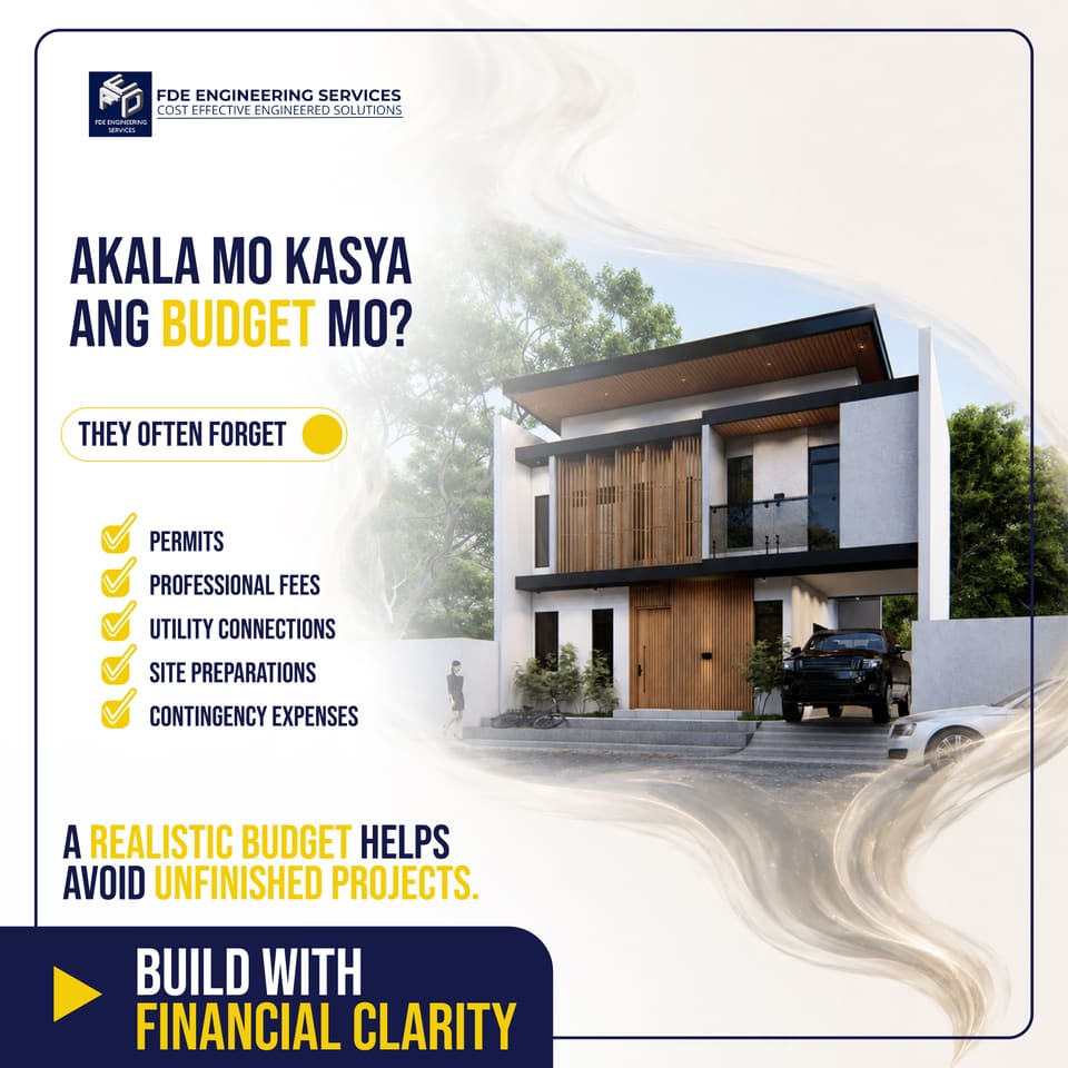 Poster headed “AKALA MO KASYA ANG BUDGET MO?” listing costs owners forget — permits, professional fees, utility connections, site preparation, contingency — beside a photograph of a finished house.