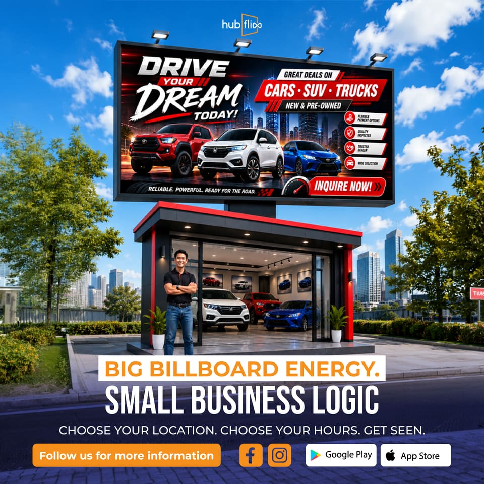 Social post of a red and black car dealership billboard above a showroom, headline “Big billboard energy. Small business logic”.