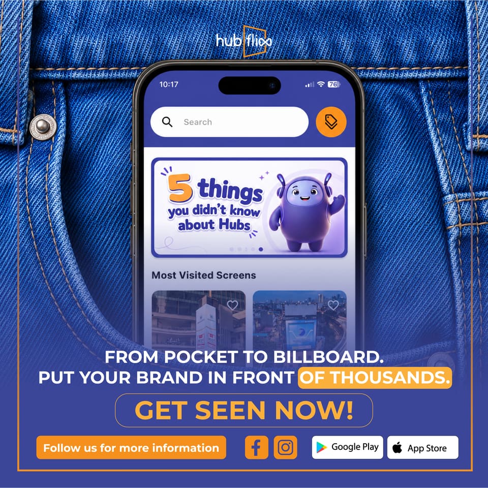 Social post on blue denim showing a phone app screen, headline “From pocket to billboard. Put your brand in front of thousands”.