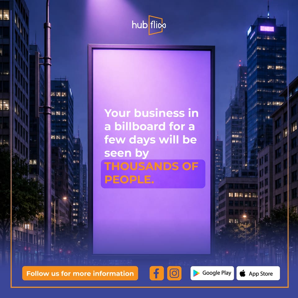 Social post of a purple vertical billboard in a night city, reading “Your business in a billboard for a few days will be seen by thousands of people”.