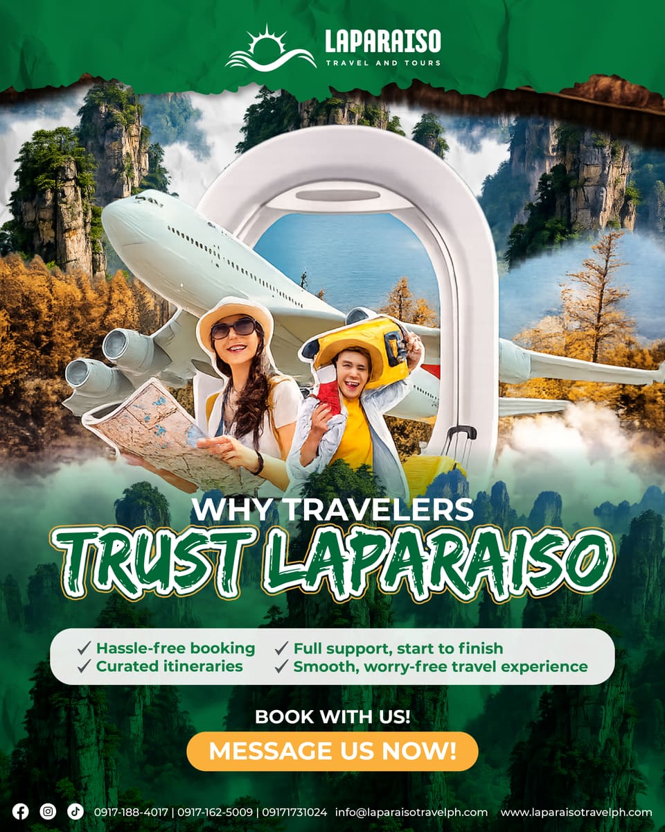 Green travel post with two tourists, a plane and karst mountains, headline “Why travelers trust Laparaiso”.