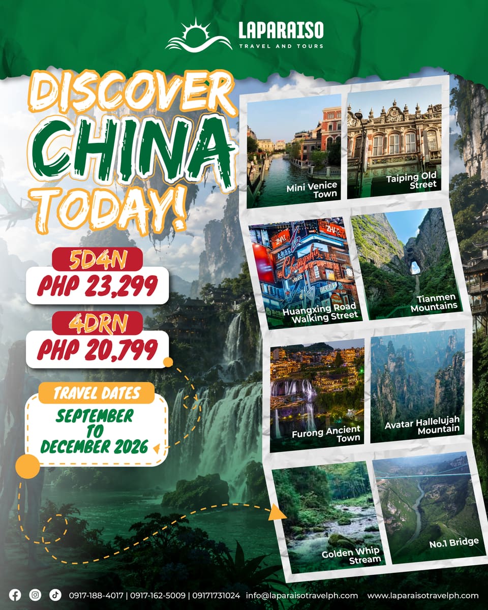 Green travel post with a grid of Chinese landmark photos, headline “Discover China today!” and peso package prices.