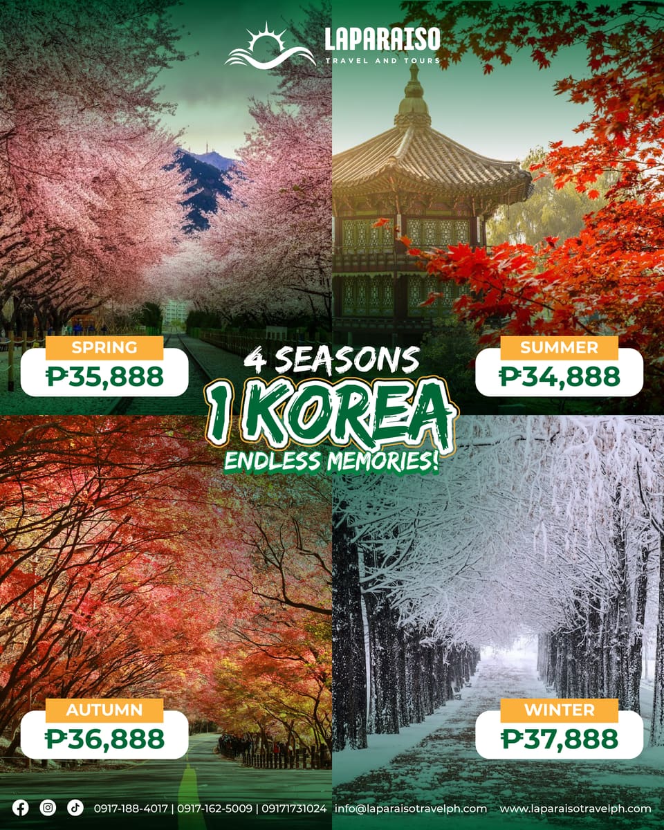 Four-panel travel post of blossom, pavilion, autumn and snow scenes, headline “4 seasons, 1 Korea, endless memories!” with seasonal prices.