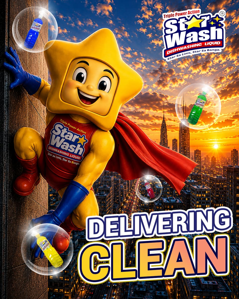 Poster of a yellow star mascot in a red cape scaling a building at sunset, headline “Delivering clean”.