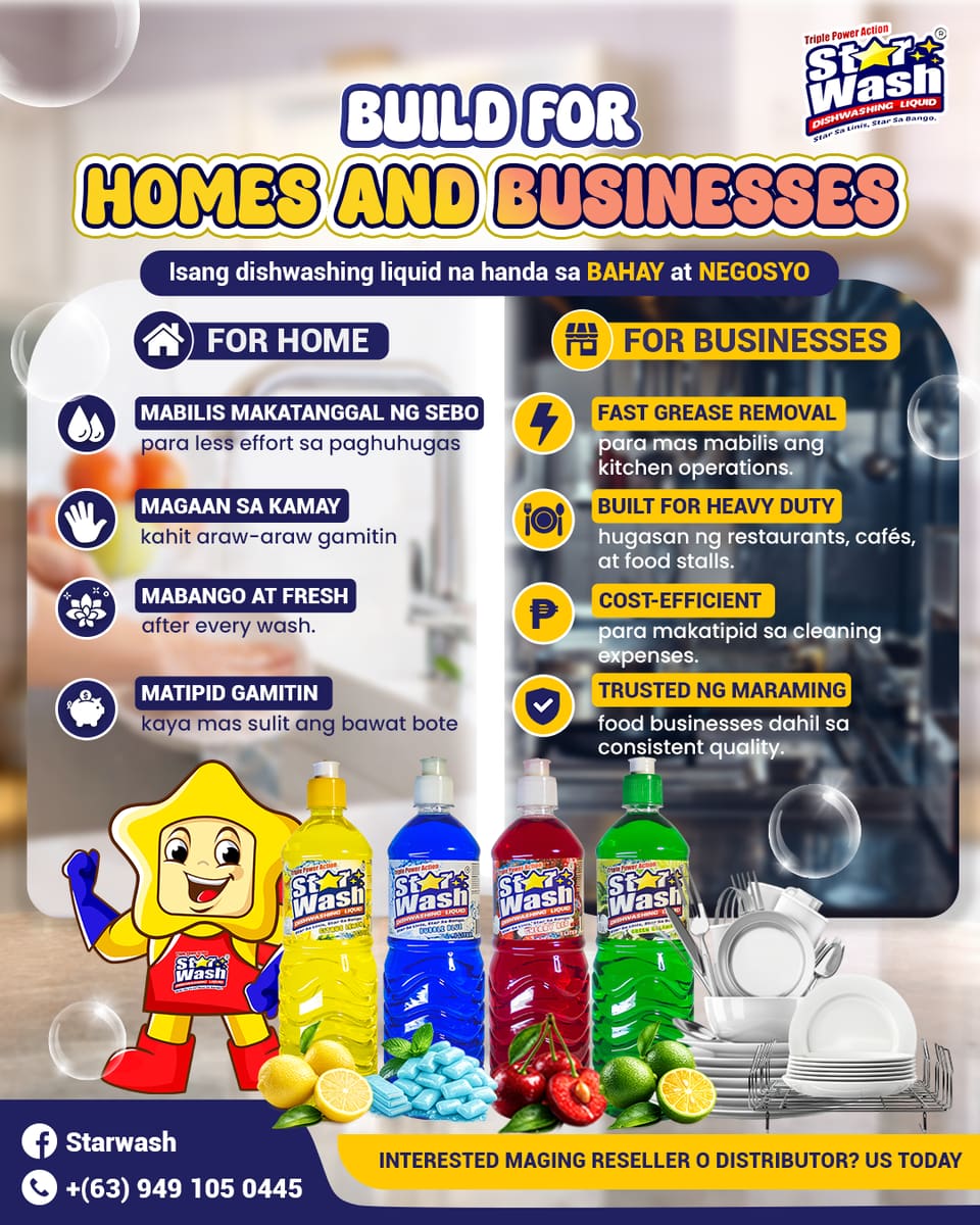 Two-column infographic post in blue and yellow with four dishwashing liquid bottles, headline “Build for homes and businesses”.