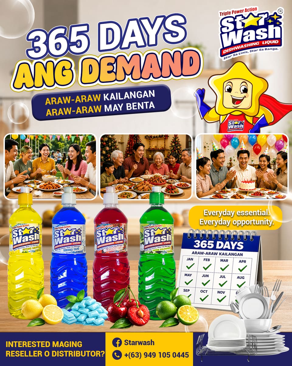 Social post with family dining photos, four coloured detergent bottles and a calendar, headline “365 days ang demand”.