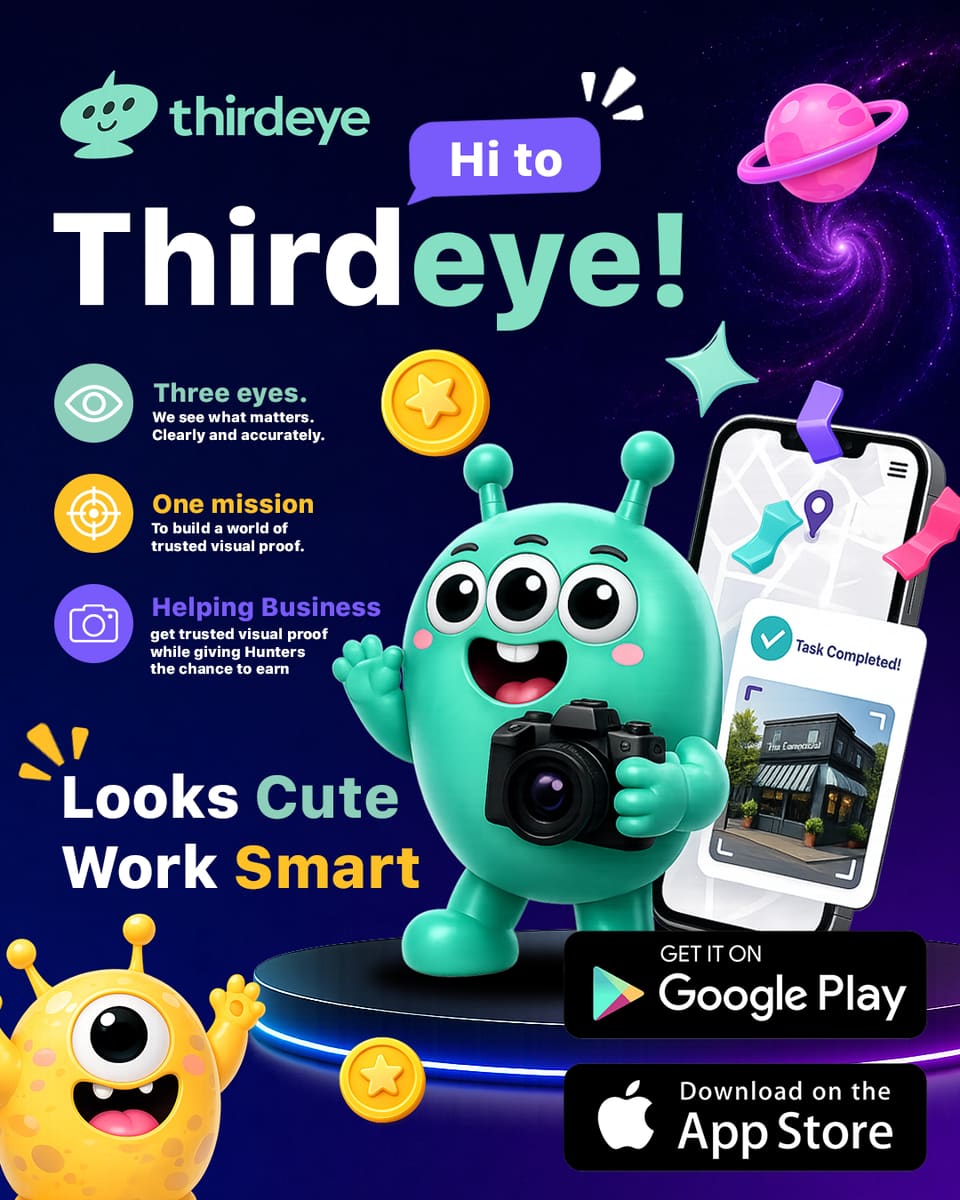 Navy and teal social post with a three-eyed 3D mascot holding a camera, headline “Hi to Thirdeye!” and “Looks cute, work smart”.