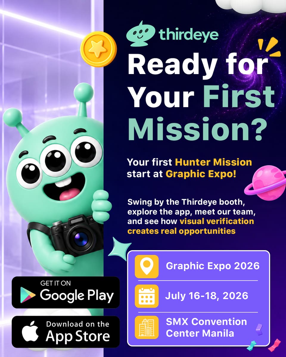 Purple social post with a teal 3D mascot holding a camera, headline “Ready for your first mission?” beside event details.